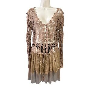 New Ryu Crochet Lace Tiered Dress Cardigan Brown S/M Y2K Fairycore Romantic